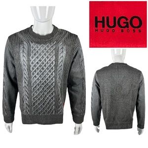 Hugo Boss Mens Medium Sweatshirt Dhrome Cable Knit Graphic Print Gray Cotton EUC